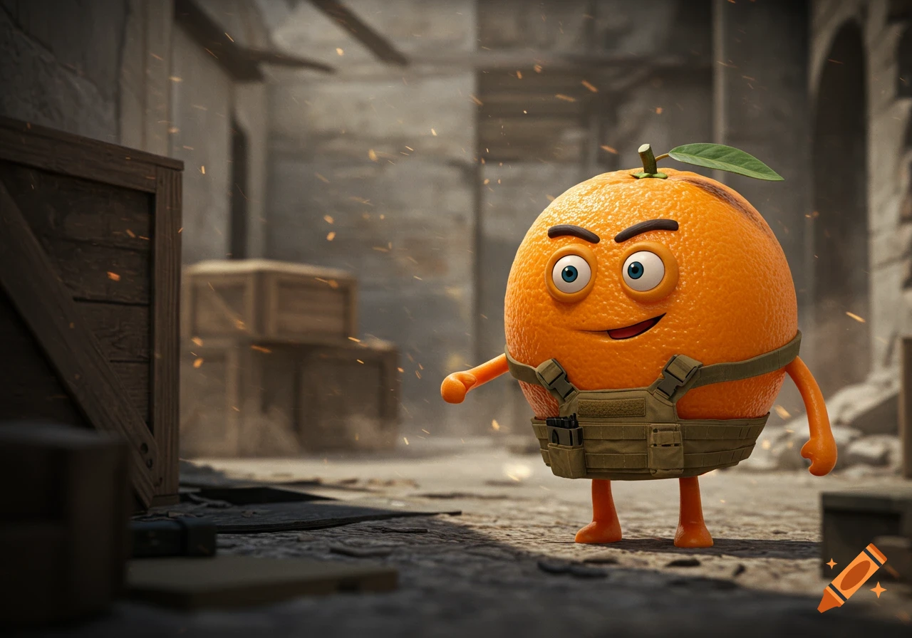 A 3D cartoon orange character with a mischievous face and military vest stands in a gritty, dusty urban alley with crates.