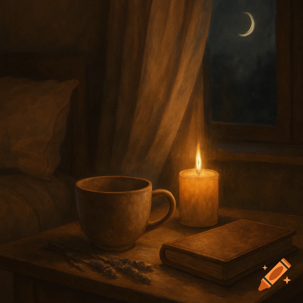 A cozy painterly still life of a teacup, lit candle, book, and lavender on a bedside table with a crescent moon visible outside a window.