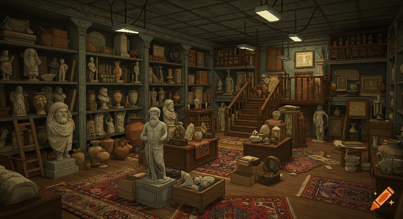 Pixel art depiction of a cluttered, dimly lit old museum storage room filled with shelves of ancient statues, vases, and relics.
