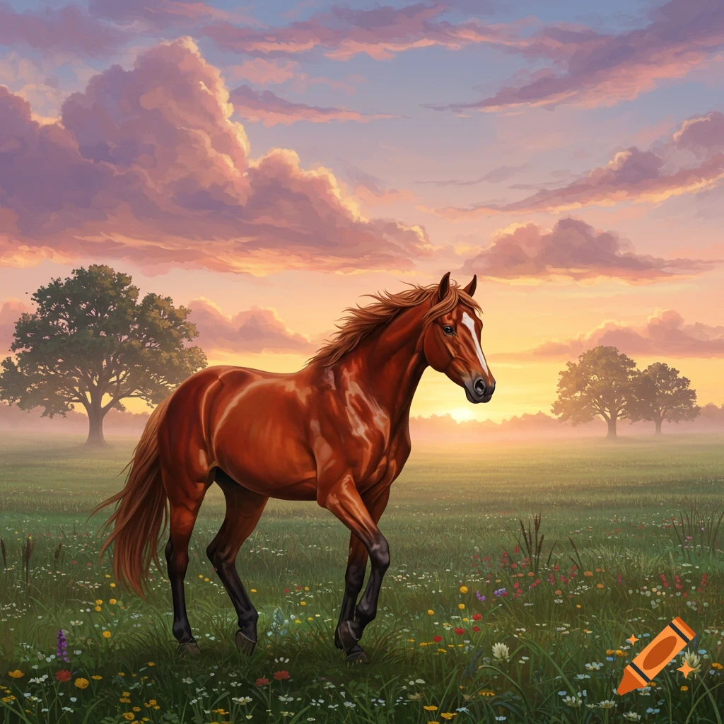 A majestic brown horse stands in a wildflower meadow at sunset, with soft, colorful clouds in the sky and trees in the distance.