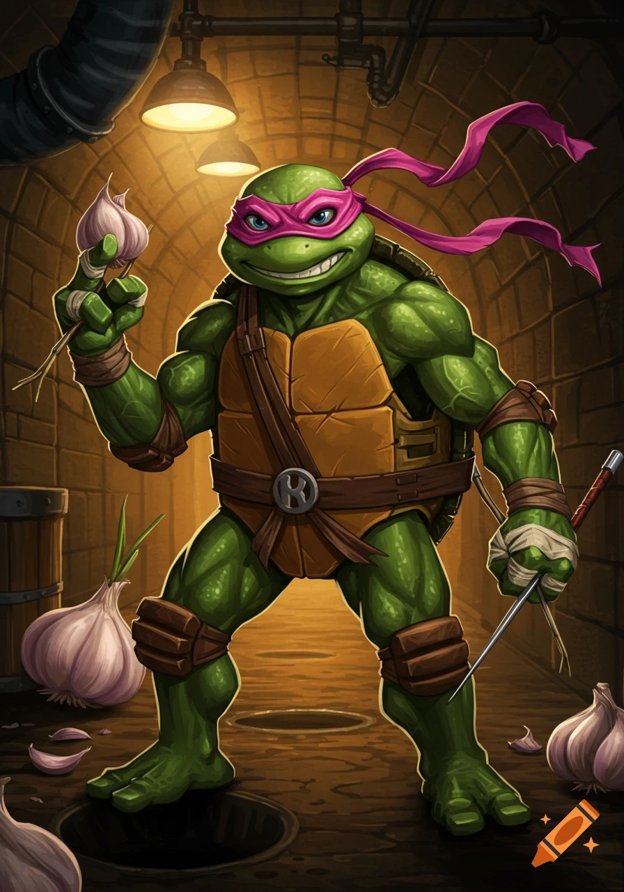 A muscular green Teenage Mutant Ninja Turtle with a pink mask stands in a sewer, holding a garlic clove. More garlic is on the floor.