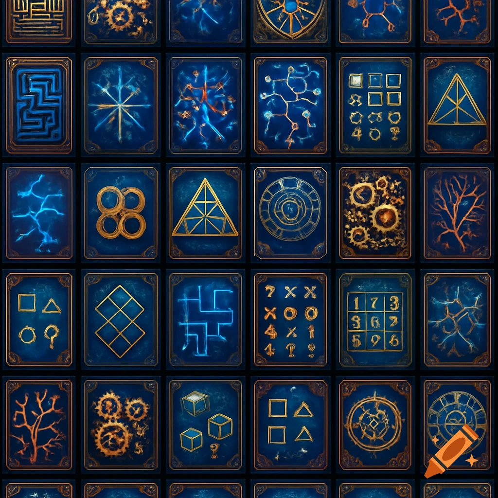 Grid of dark blue game cards with glowing gold and blue abstract symbols, patterns, and numbers.