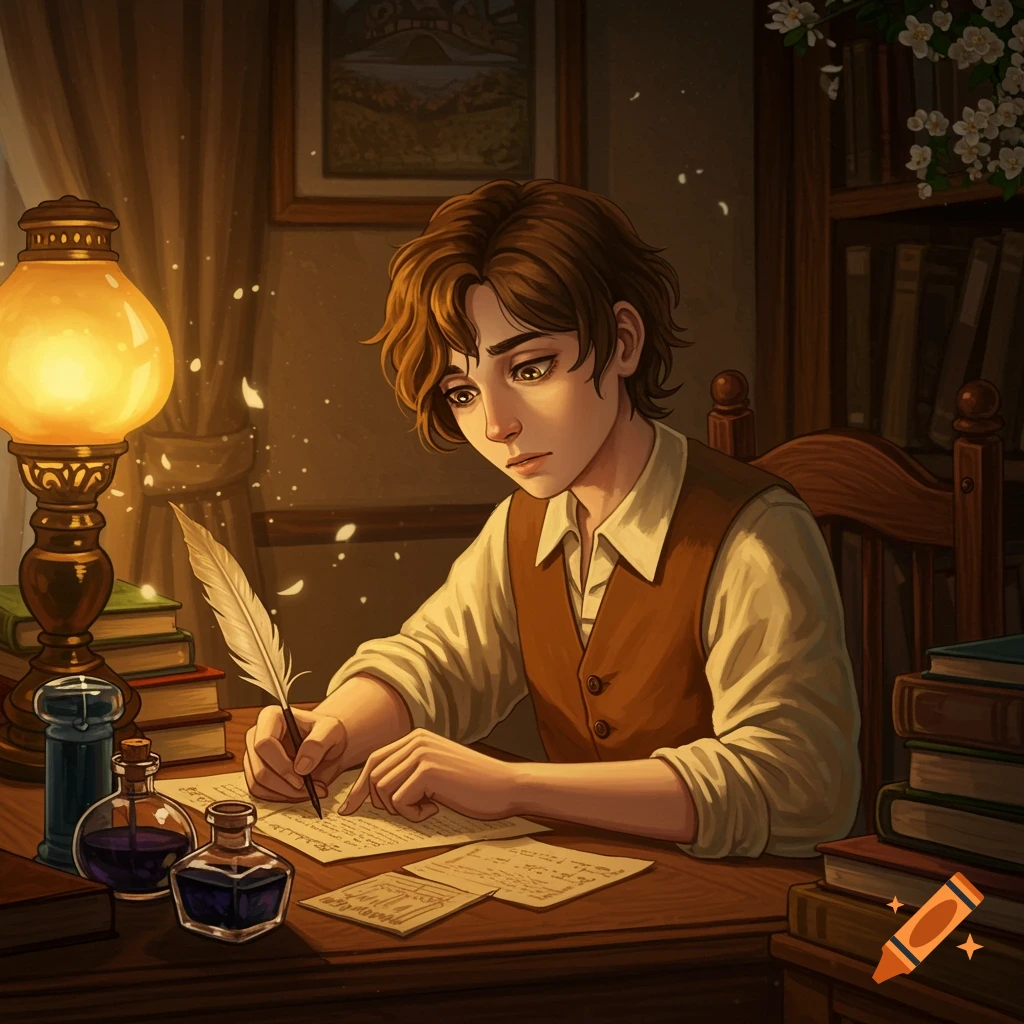 A young person with brown wavy hair, wearing a white shirt and brown vest, writes on papers with a quill by lamplight in a cozy study.