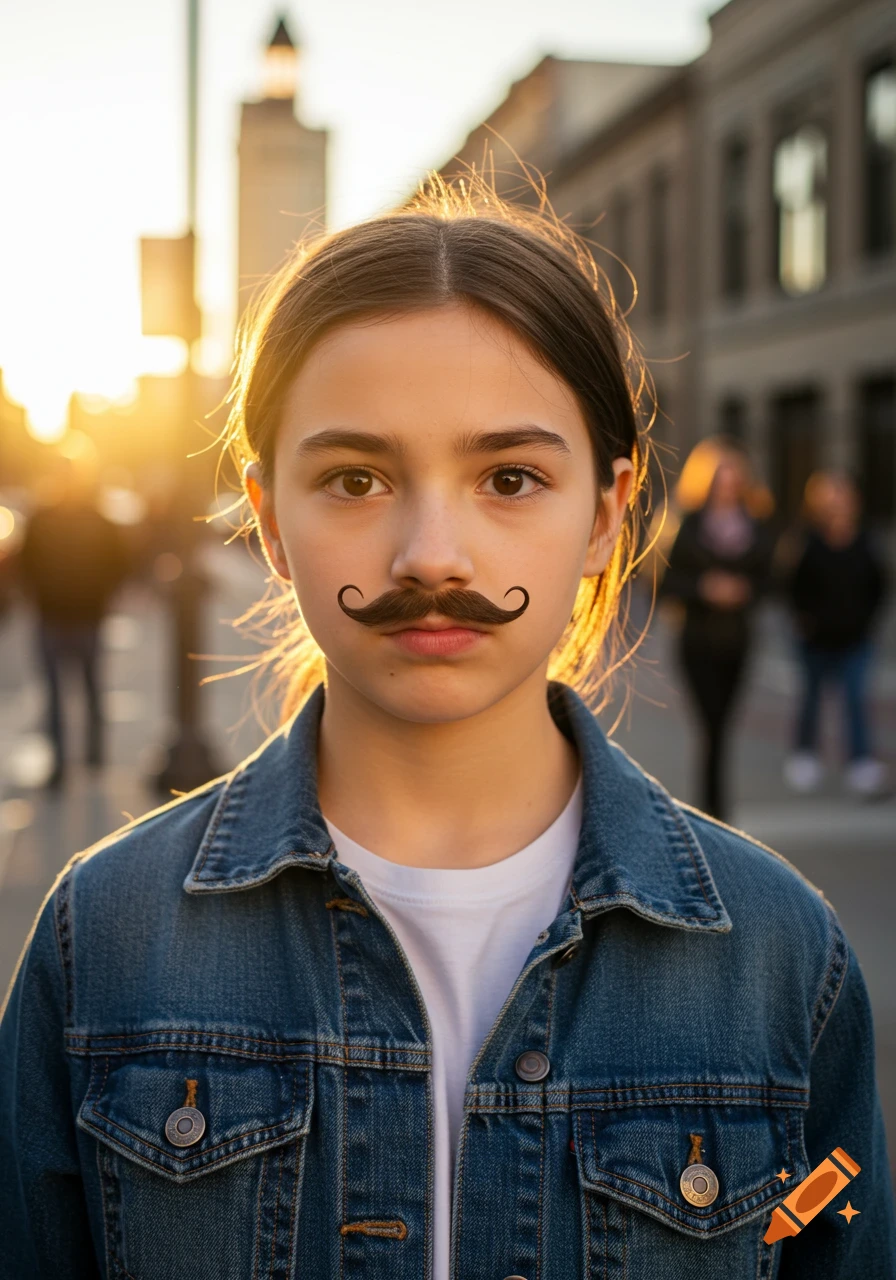 A young girl with a fake handlebar mustache wears a denim jacket, standing on a city street at sunset.