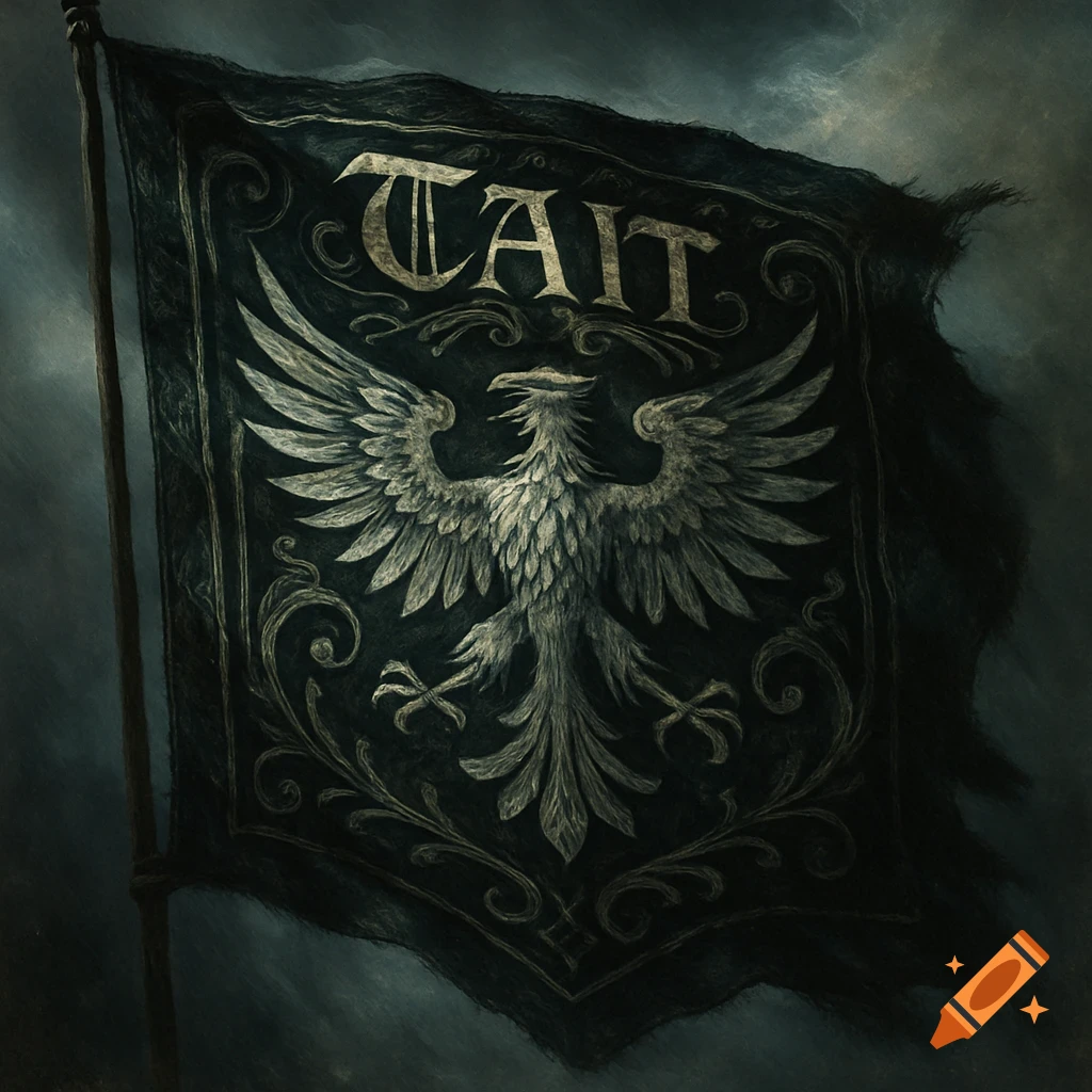 A dark, stylized banner with a two-headed eagle coat of arms and the word "TAIT" at the top, against a stormy sky.