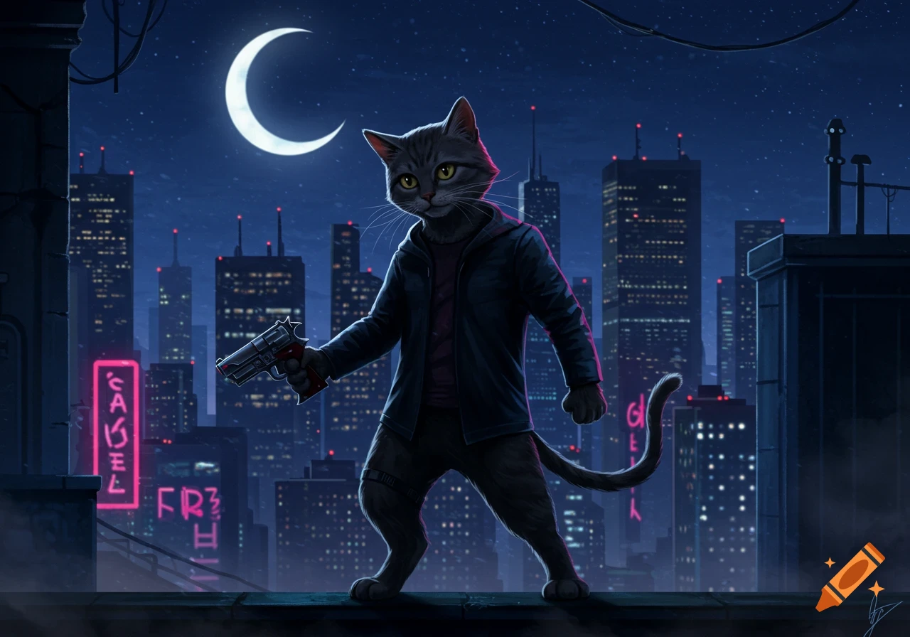 A grey cat in a hoodie holds a futuristic gun on a city rooftop at night, with a neon-lit skyline and crescent moon.