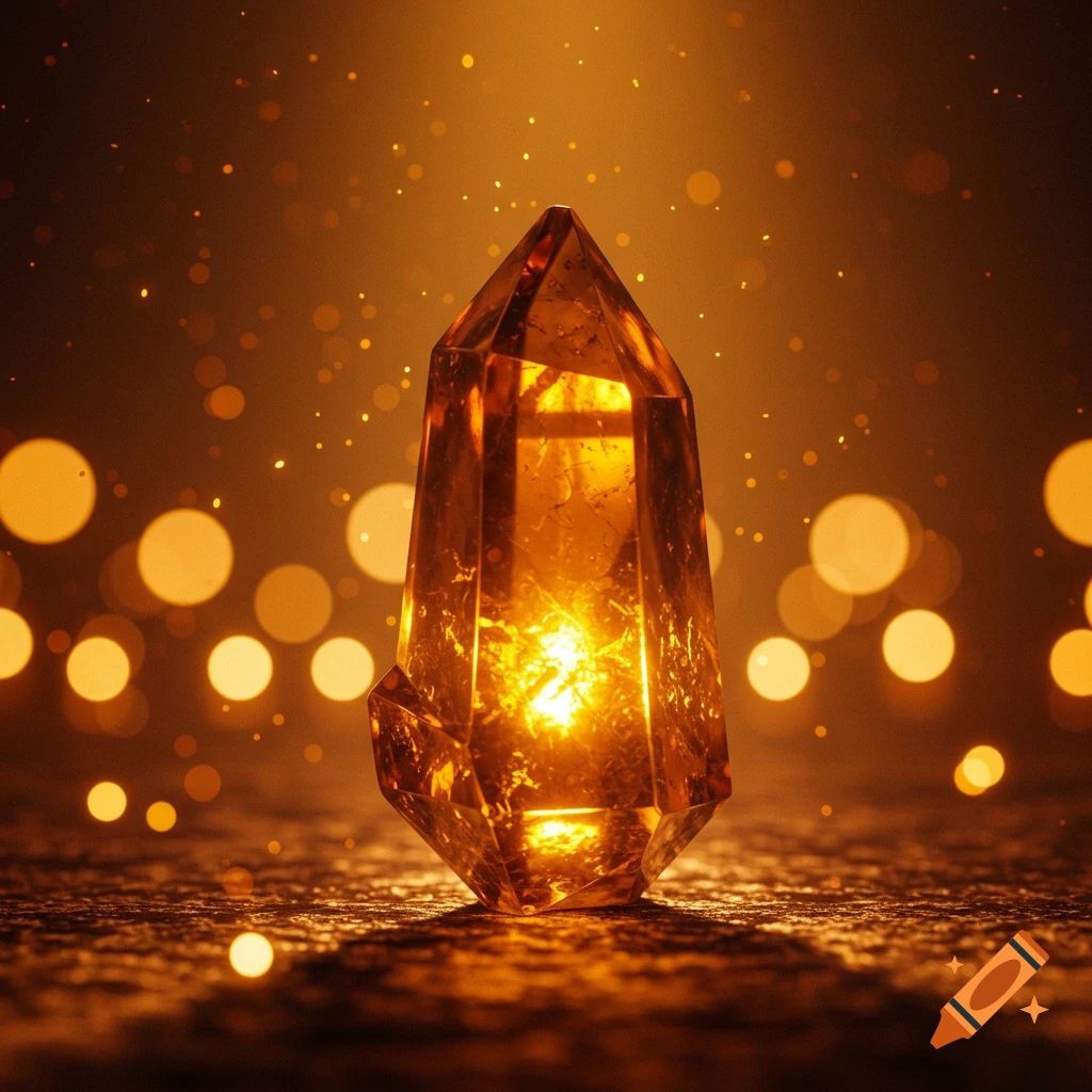 A luminous amber crystal stands upright on a textured surface, surrounded by shimmering golden bokeh lights and floating particles.