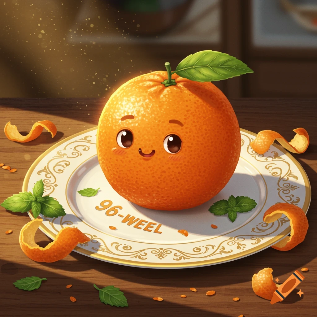 A cute, smiling cartoon orange with a leaf on its stem sits on a decorative plate with orange peels and mint leaves.