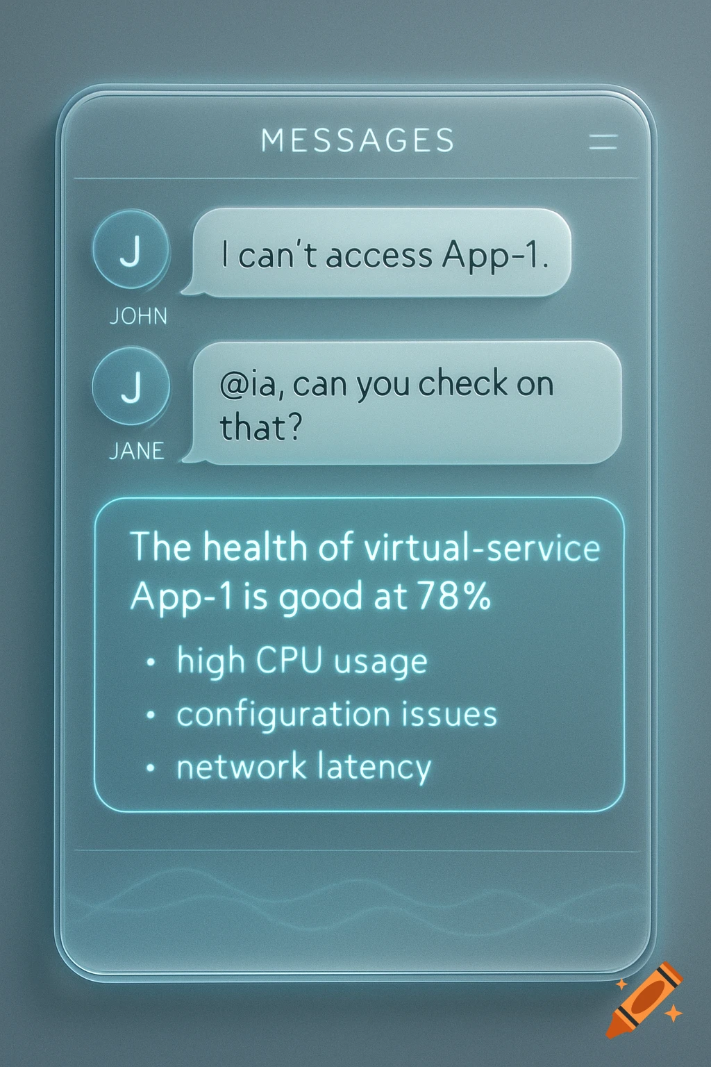 A stylized, translucent blue-tinted message interface shows a conversation about a virtual service. John reports issues accessing 'App-1'. Jane asks '@ia' to check, and a response details 'App-1's' health is 78%, citing high CPU, config issues, and network latency.