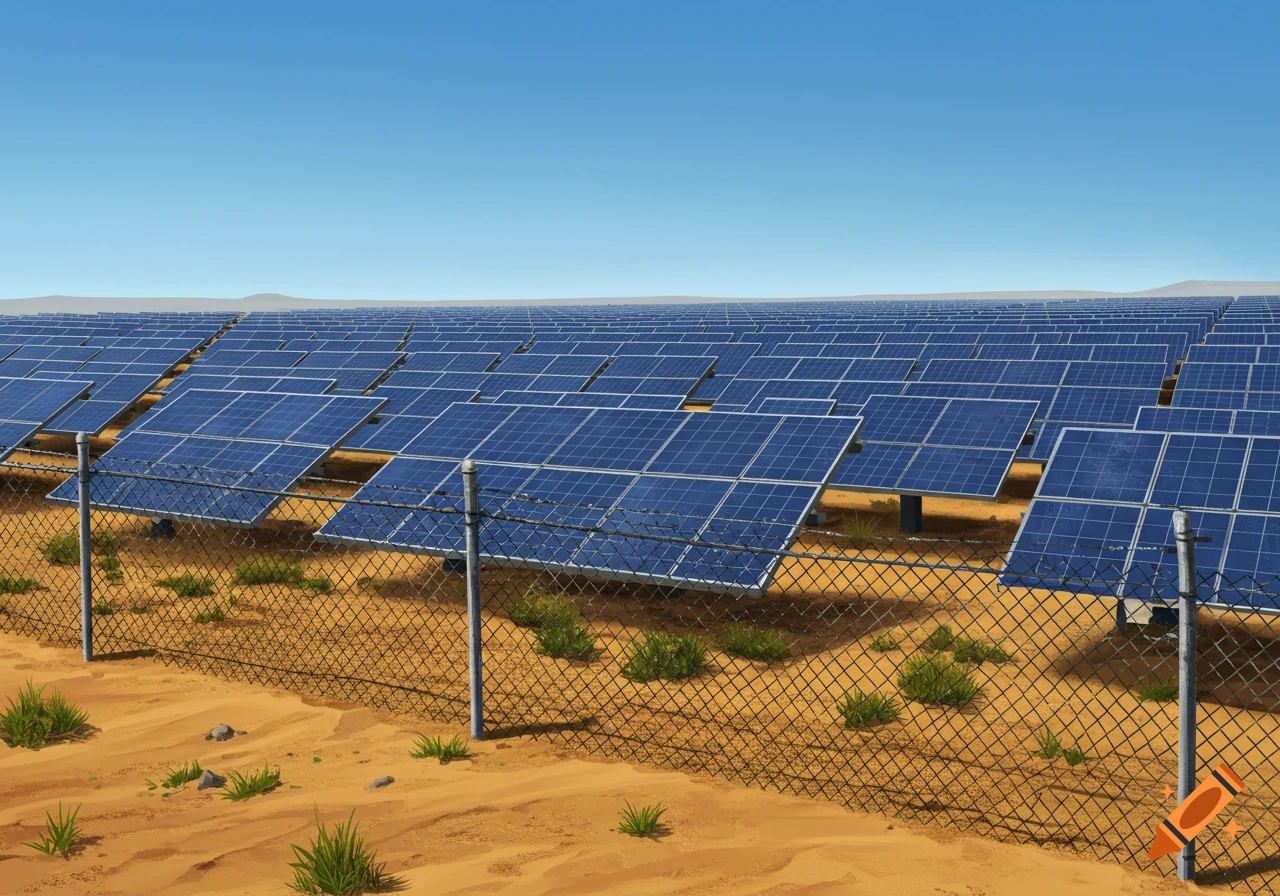 Vast field of blue solar panels on sandy desert ground under a clear blue sky, with a chain-link fence.