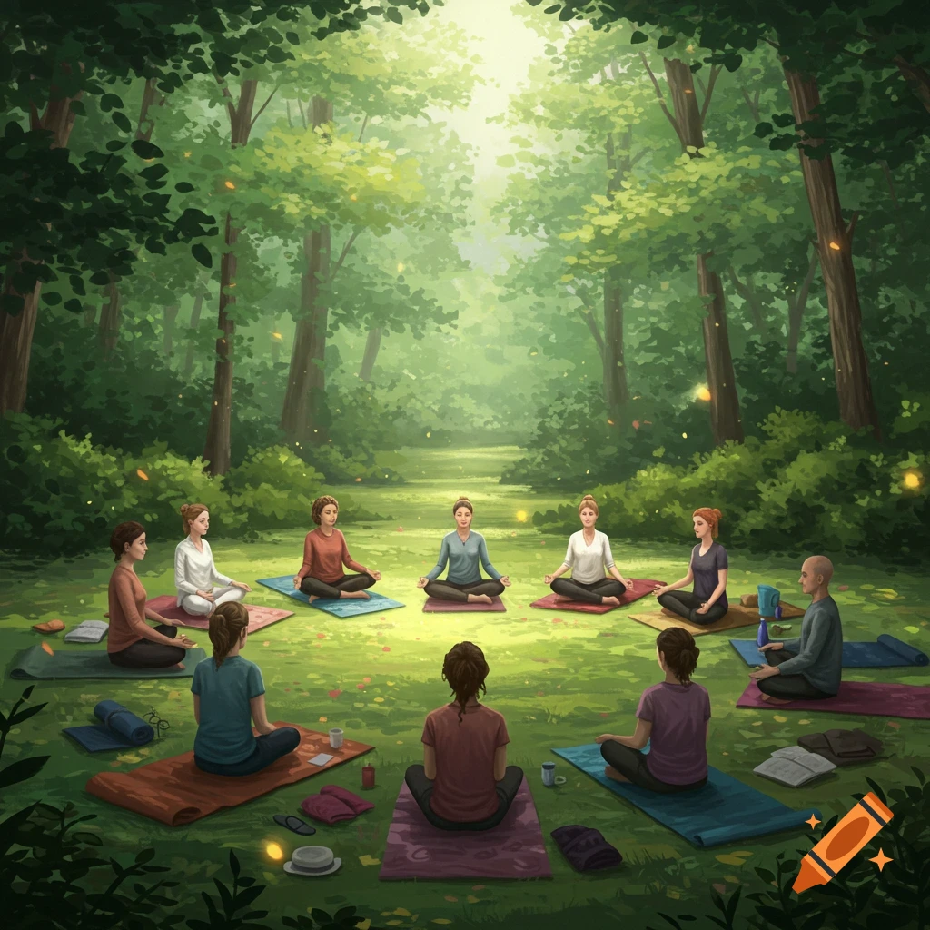 A group of diverse individuals meditate and practice yoga in a serene, sunlit forest glade. Illustrated art style.