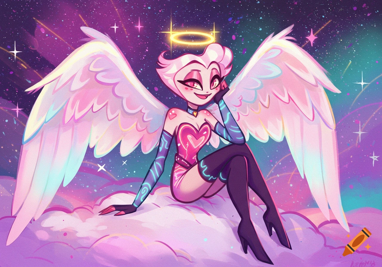 A cartoon angel character with large pink wings and a halo sits on a cloud in a starry, colorful sky. She wears a pink bodysuit and black boots.