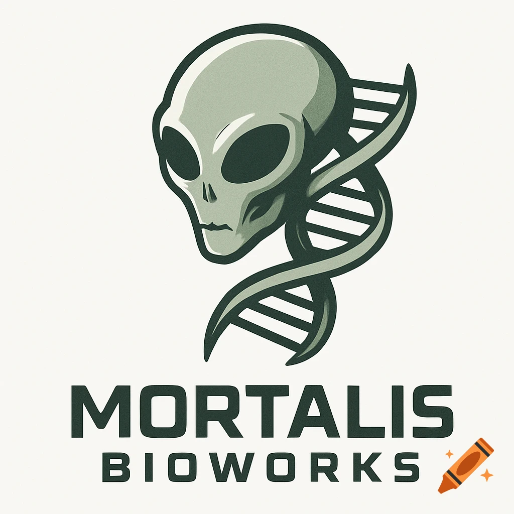 A logo with a stylized grey alien skull and green DNA strands above 'MORTALIS BIOWORKS' text.