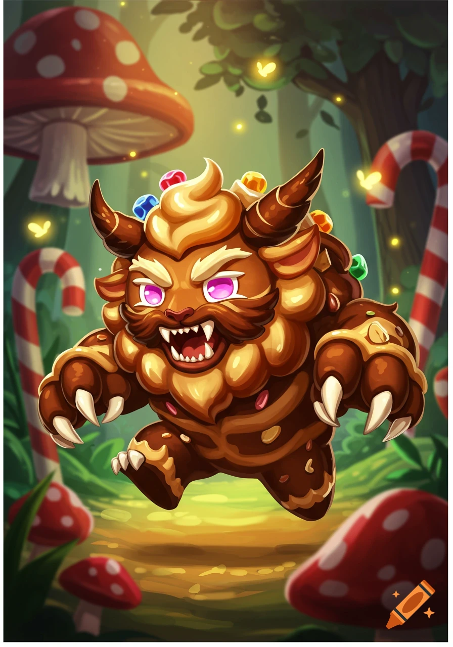 A cartoon cookie monster, brown and creamy with candy toppings and purple eyes, runs through a fantasy forest with giant mushrooms and candy canes.