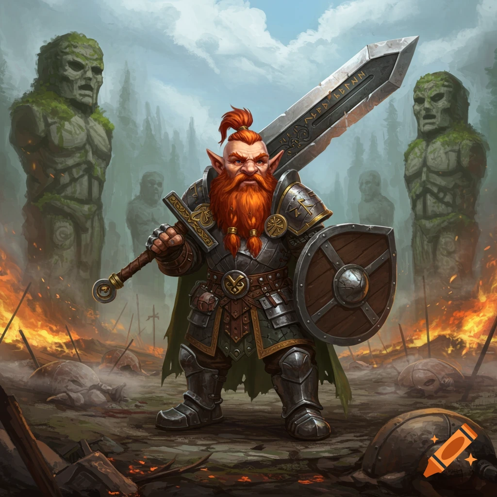 A determined dwarf warrior with a red beard, wearing plate armor and holding a greatsword and shield, stands on a fiery battlefield with stone giants in the background.