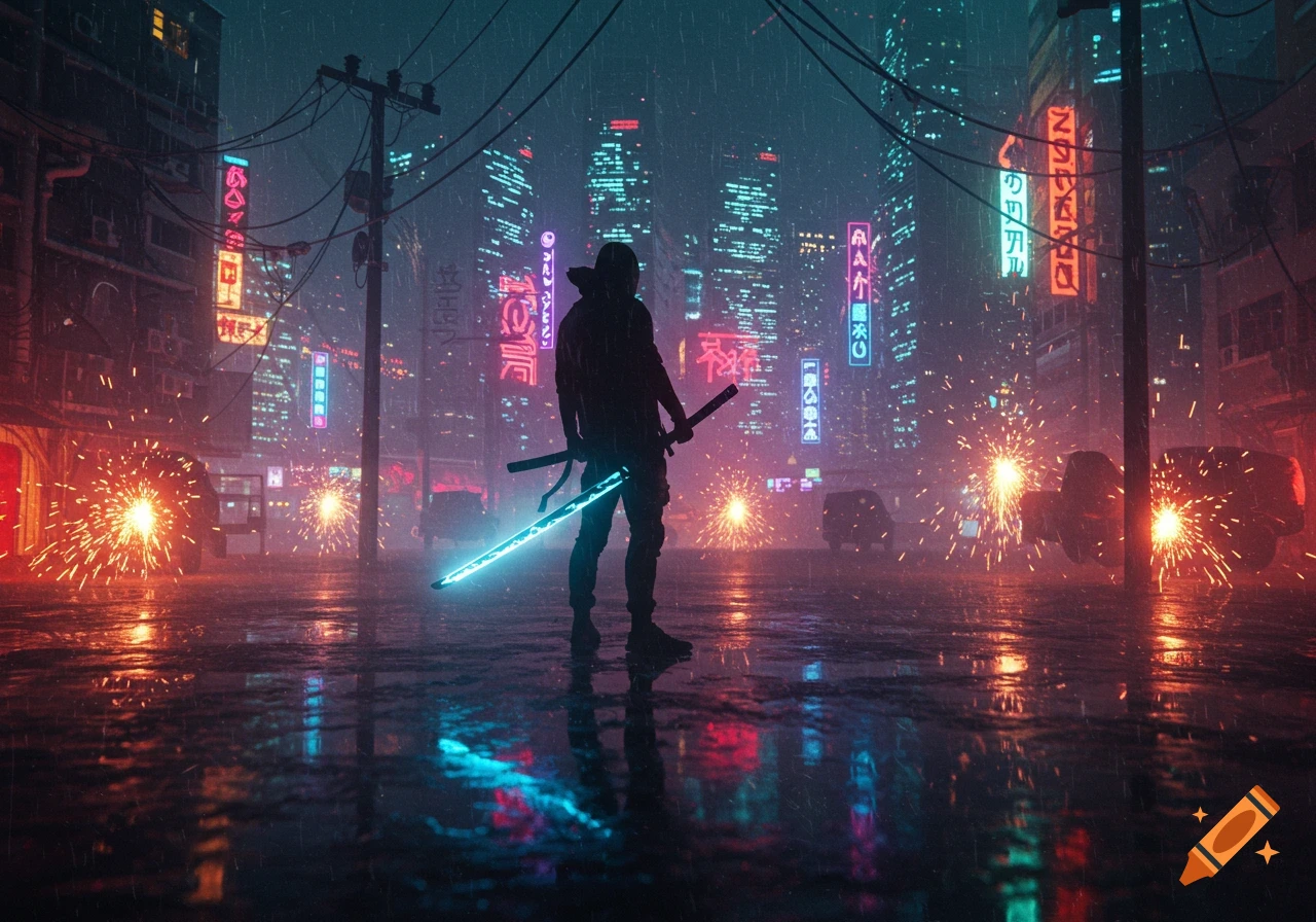 A lone silhouette figure with a glowing blue sword stands in a rainy, neon-lit cyberpunk city street with sparks flying around.