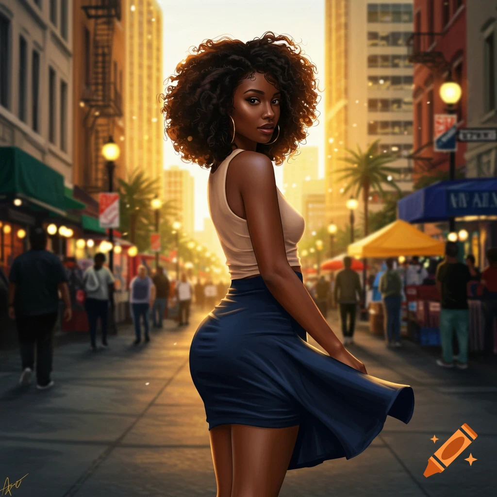 A Black woman with curly hair in a tank top and navy mini skirt stands on a sunny city street, looking over her shoulder.