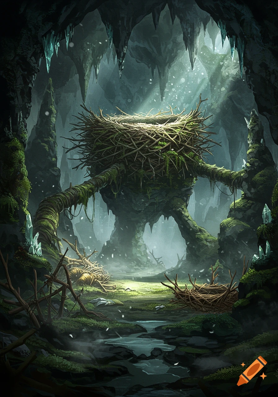 A dark, atmospheric fantasy painting of a colossal nest made of branches and moss within a vast, misty cave filled with glowing crystals.