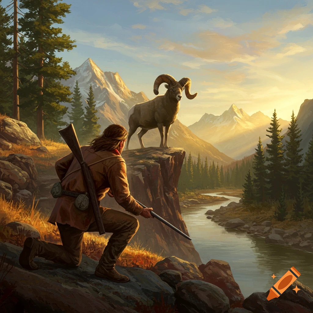 A pioneer hunter aims a rifle at a bighorn ram on a cliff overlooking a river in a mountainous, sunset landscape, digital painting.