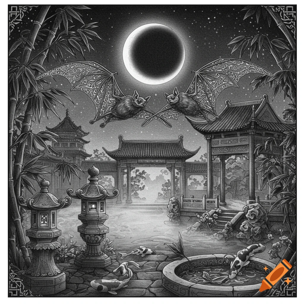 A black and white lithograph of two ornate bats flying under a full moon over a Chinese temple garden with bamboo and koi fish.