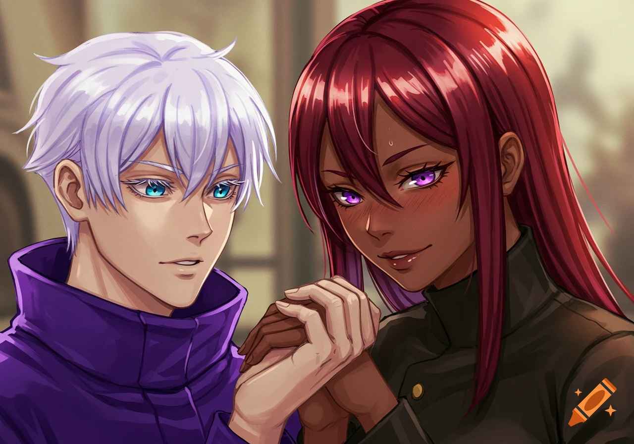 Anime style Gojo Satoru holding hands with a flustered black woman with red hair.