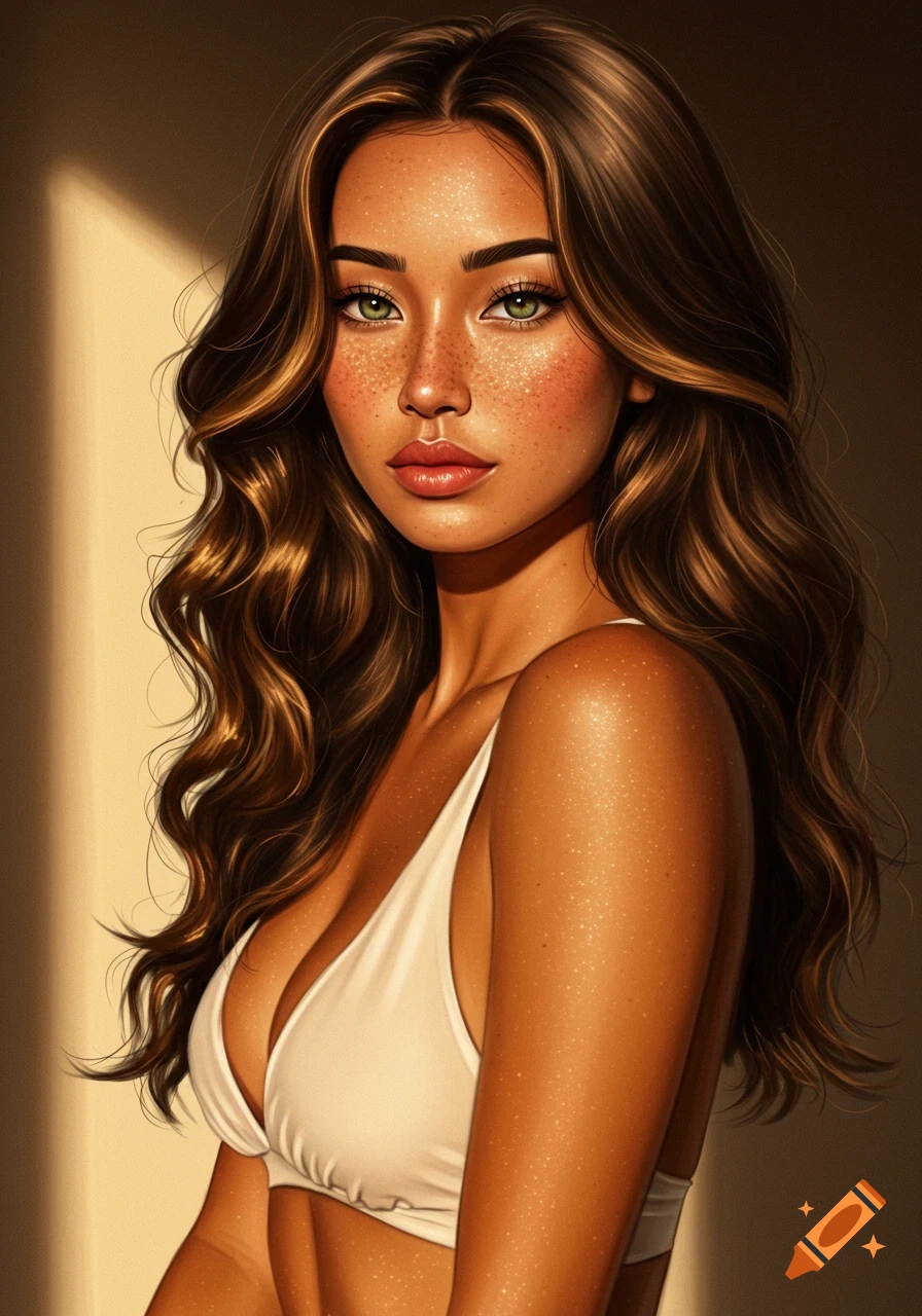 A stylized portrait of a young woman with long brown wavy hair, green eyes, and freckles, wearing a white bikini top, bathed in warm sunlight.
