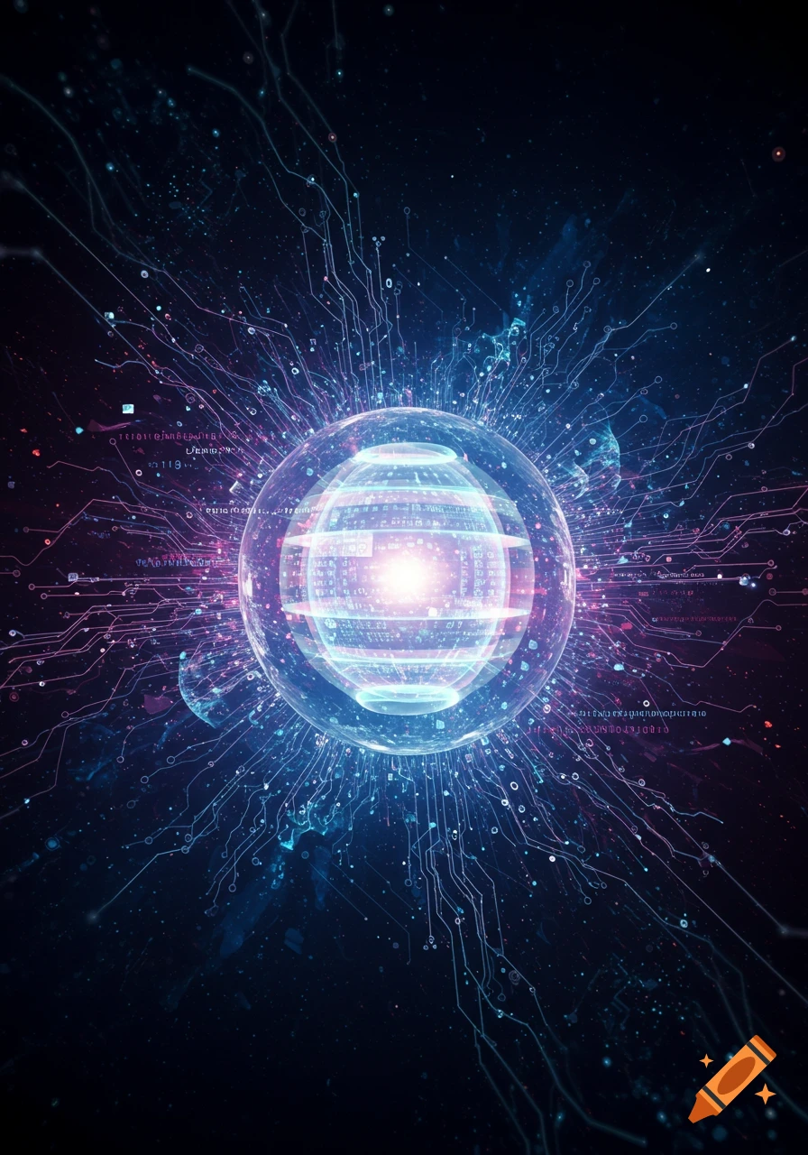 A glowing blue and purple sphere in the center of an intricate circuit board design with radiating lines and digital data against a dark, starry background.
