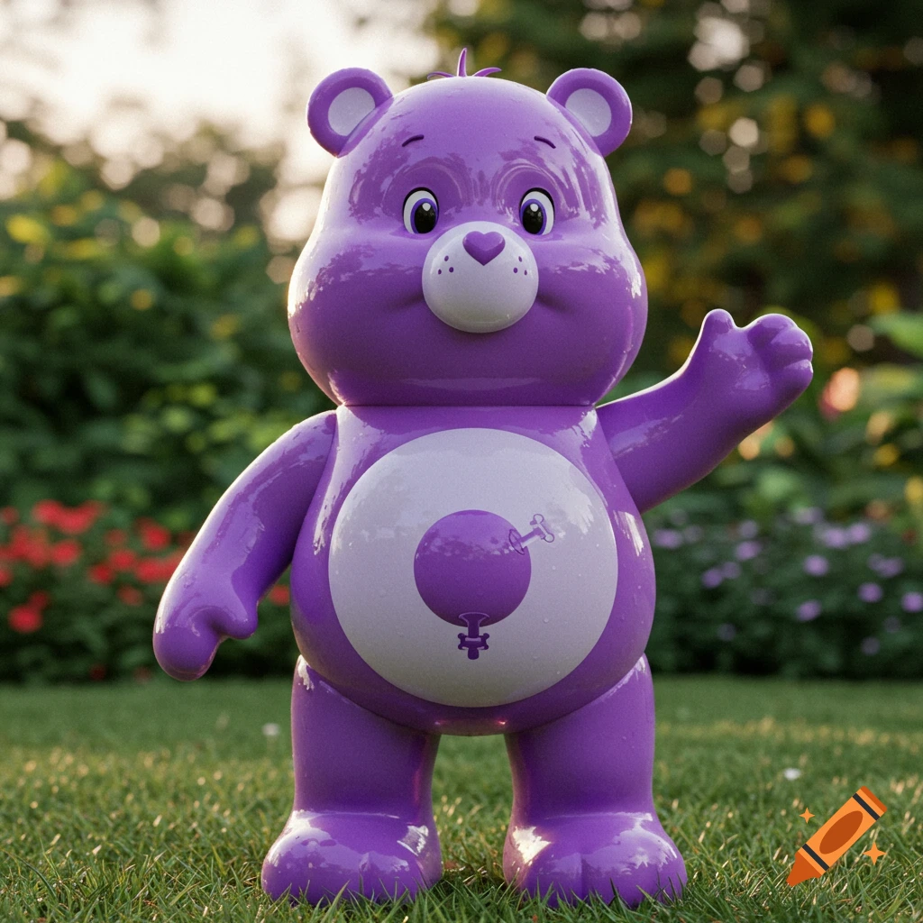 A shiny purple inflatable bear resembling a Care Bear with a pool toy valve on its belly stands on green grass.