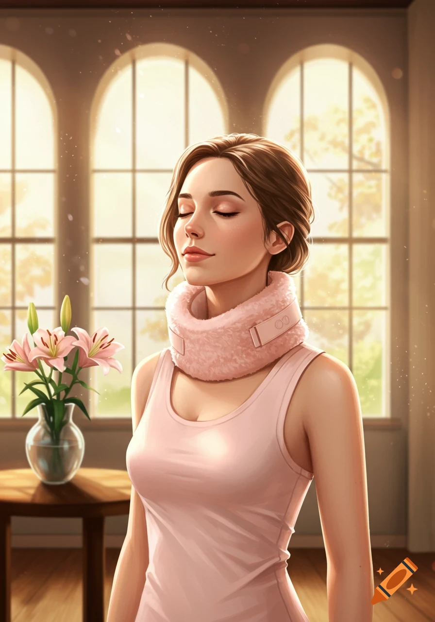 Serene woman with eyes closed wearing a pink neck brace, bathed in sunlight by large windows, with lilies on a table.