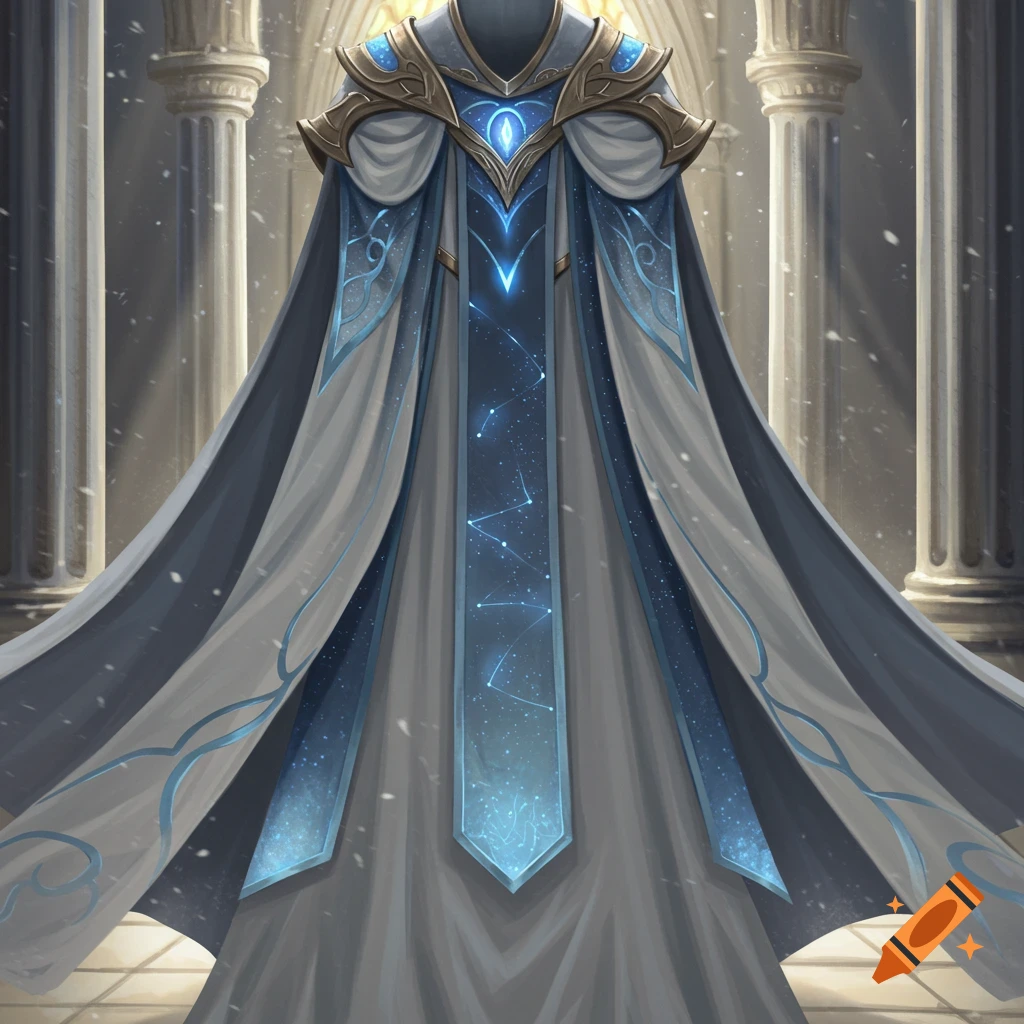 Majestic grey and blue fantasy robe with glowing patterns and gold accents in a grand, snowy hall.