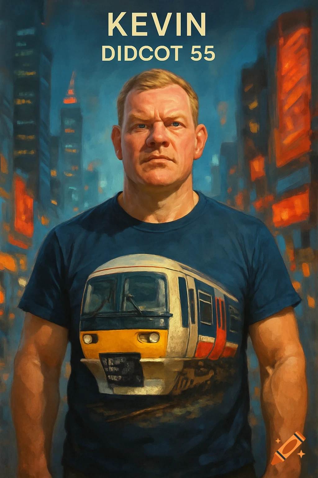 Painterly portrait of a man in a blue t-shirt with a train graphic, standing in front of a stylized city skyline with 'KEVIN DIDCOT 55' text.