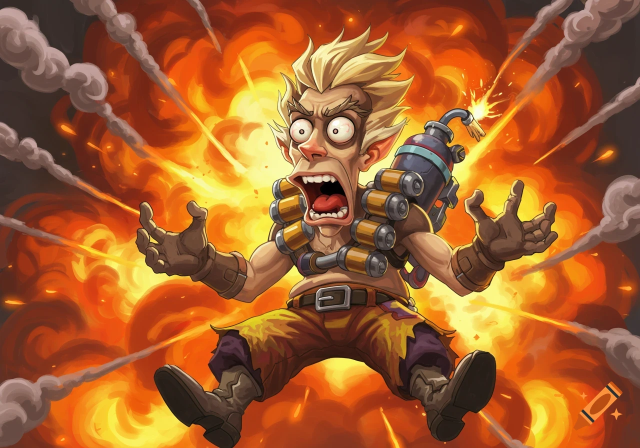 Cartoon Junkrat from Overwatch screaming in fear in front of a large explosion.