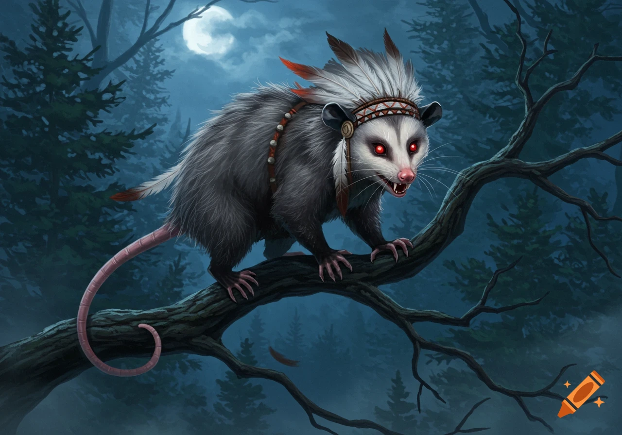Fantasy illustration of a possum with red eyes and a feathered headdress on a tree branch under a full moon at night.