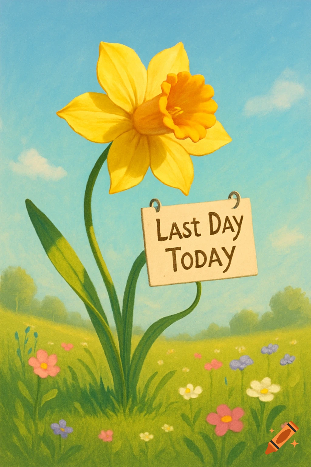 An illustration of a yellow daffodil holding a sign that reads 'Last Day Today' in a field of wildflowers.