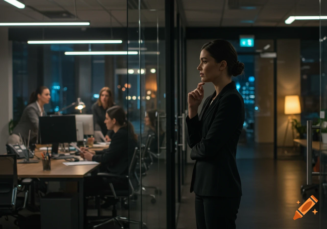 A woman in a dark suit stands pensively in a modern office hallway, looking towards an office with female coworkers seen through a glass wall.