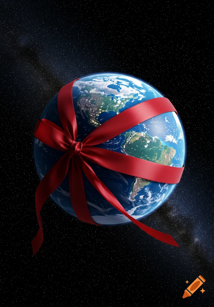 Photorealistic Earth wrapped in a red ribbon bow in outer space against a backdrop of stars.