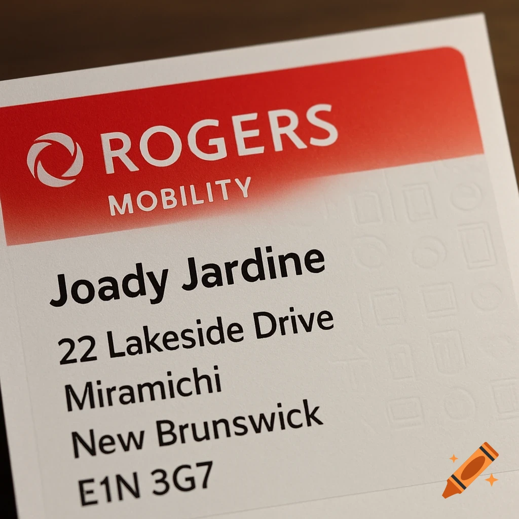 Close-up photo of a Rogers Mobility bill with name Joady Jardine and address details.