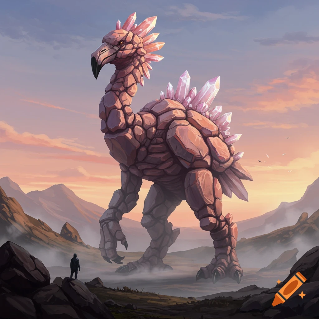 A gigantic, bird-like rock monster with pink crystals stands in a misty mountain landscape at sunset, a small human below.