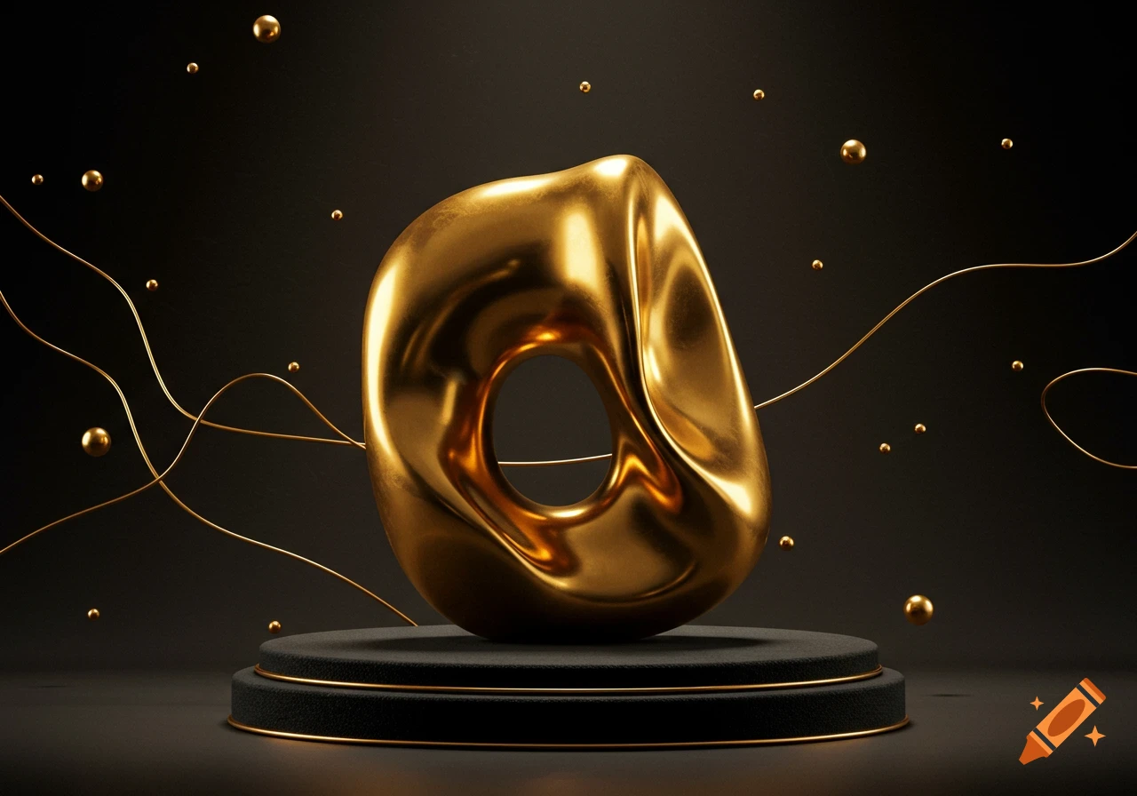 A shiny gold abstract donut-shaped sculpture on a dark pedestal, surrounded by floating gold spheres and wavy lines.