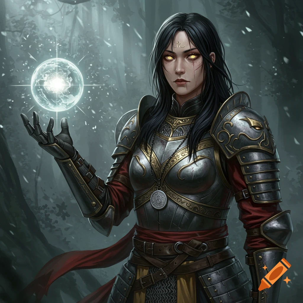 A fantasy warrior woman with black hair, glowing gold eyes, and facial scars wears ornate plate armor, holding a glowing orb in a dark forest.