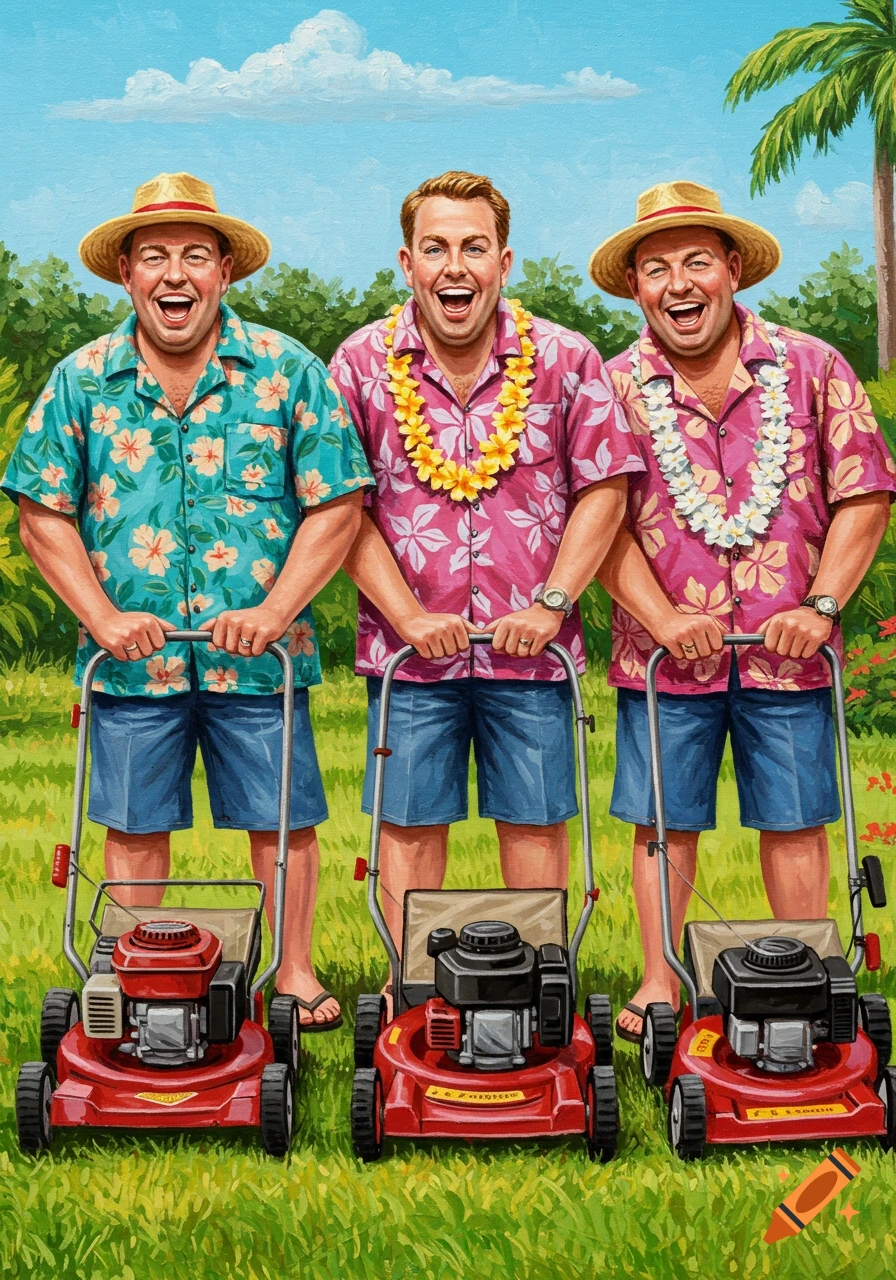Three cheerful men in Hawaiian shirts, jean shorts, and straw hats push red lawnmowers across a vibrant green lawn under a blue sky, in a painterly style.