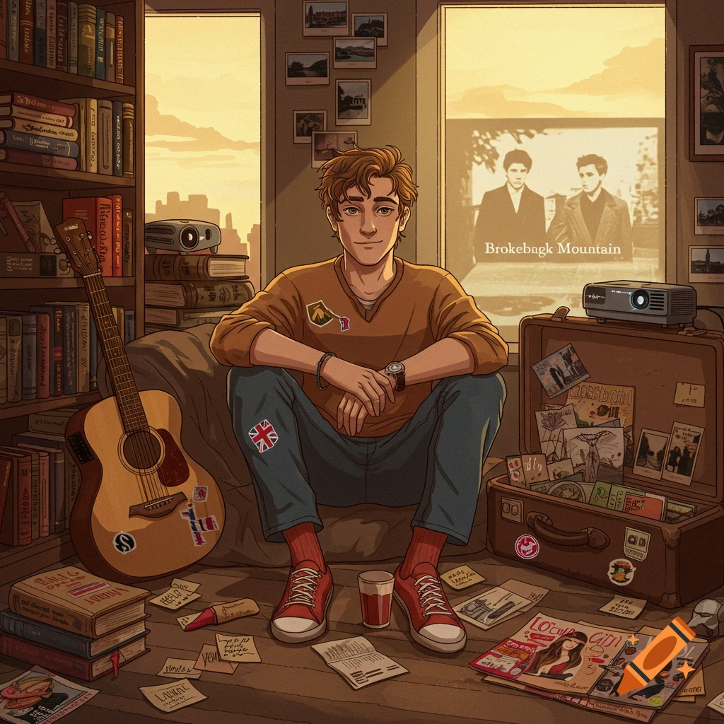 An illustrated portrait of a young man sitting on the floor in a cozy room, watching "Brokeback Mountain" on a projector. Books, a guitar, and travel souvenirs are scattered around him.