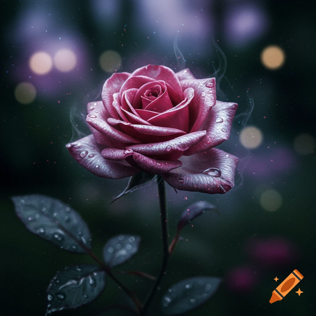 Close-up of a vibrant pink rose covered in dewdrops, with subtle smoky wisps and glowing bokeh lights against a dark background.
