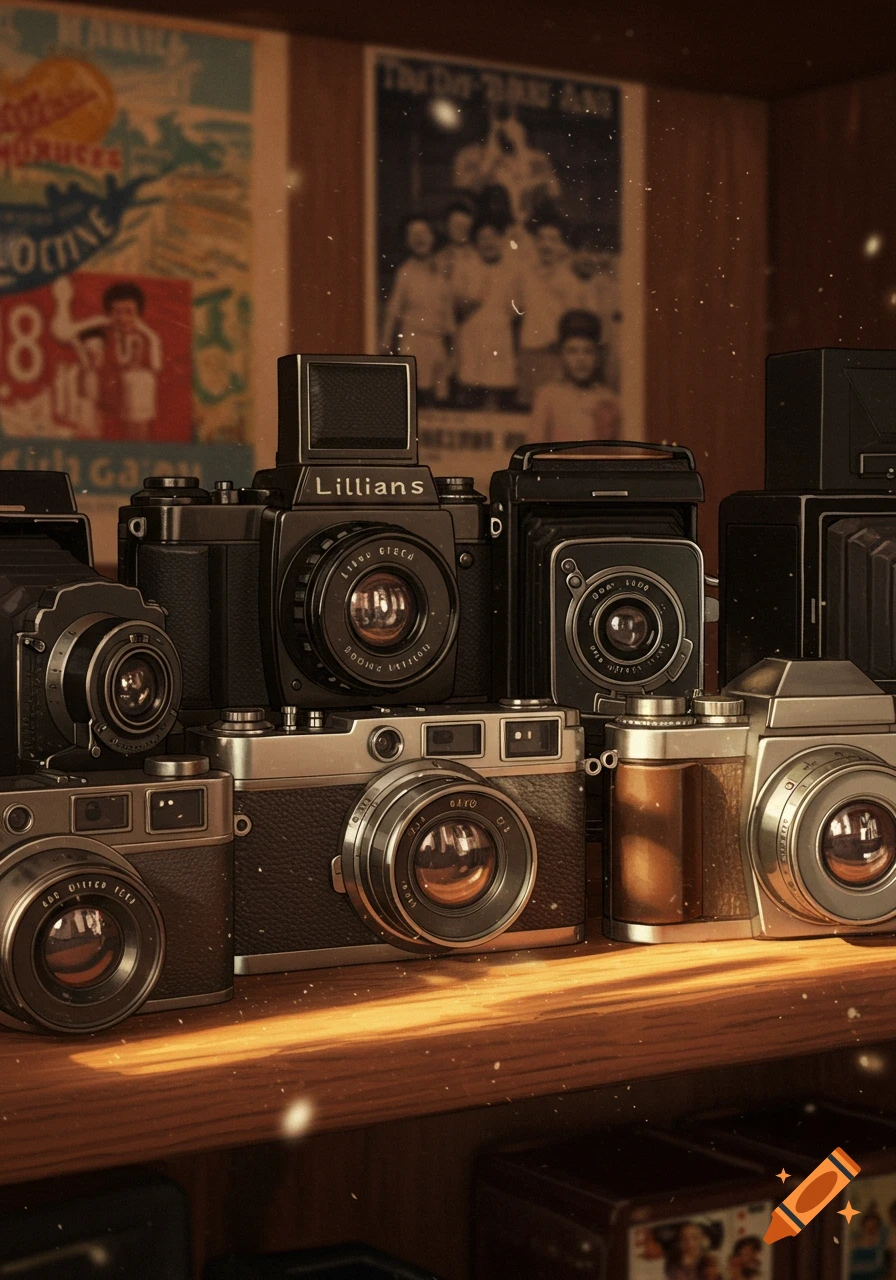 A close-up of a collection of vintage cameras displayed on a wooden shelf, with blurred posters in the background.
