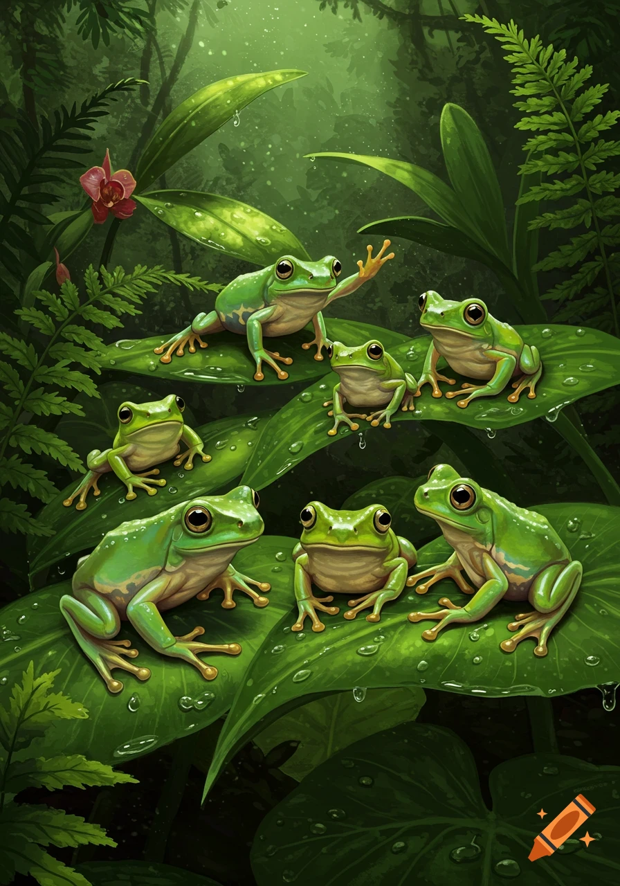 Six vibrant green frogs with large eyes sit on dewy tropical leaves in a lush, dark green jungle, digital art style.