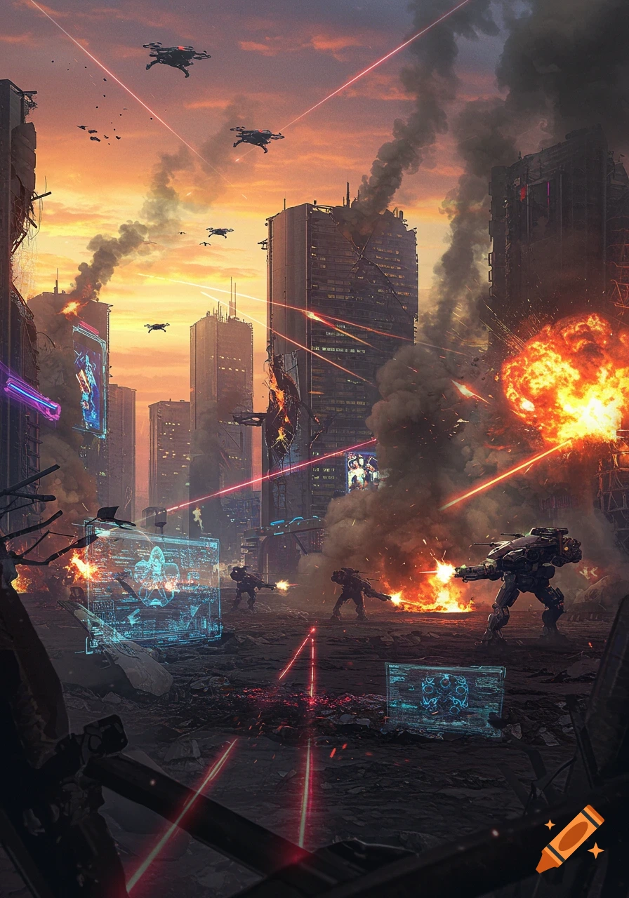 A chaotic futuristic warzone in a ruined city at sunset, with soldiers, mechs, drones, explosions, and holographic displays.