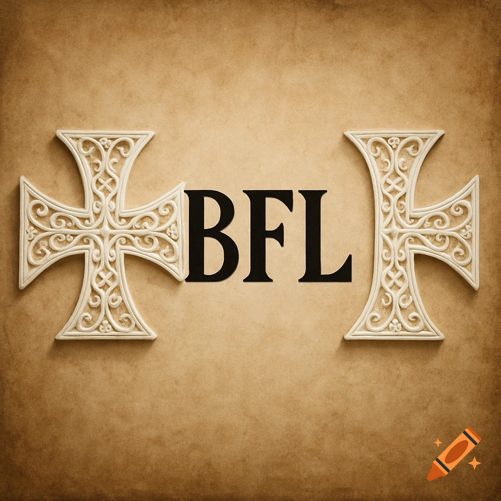 Two ornate white crosses with intricate patterns flank the bold black letters "BFL" on a textured, antique-looking brown parchment background.
