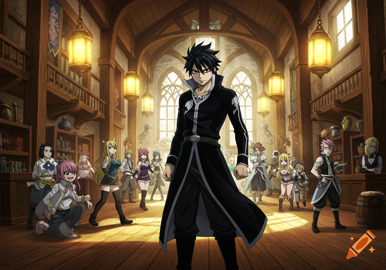 A dark-haired anime male in a long black coat stands in a wooden guild hall with other anime characters in the background.