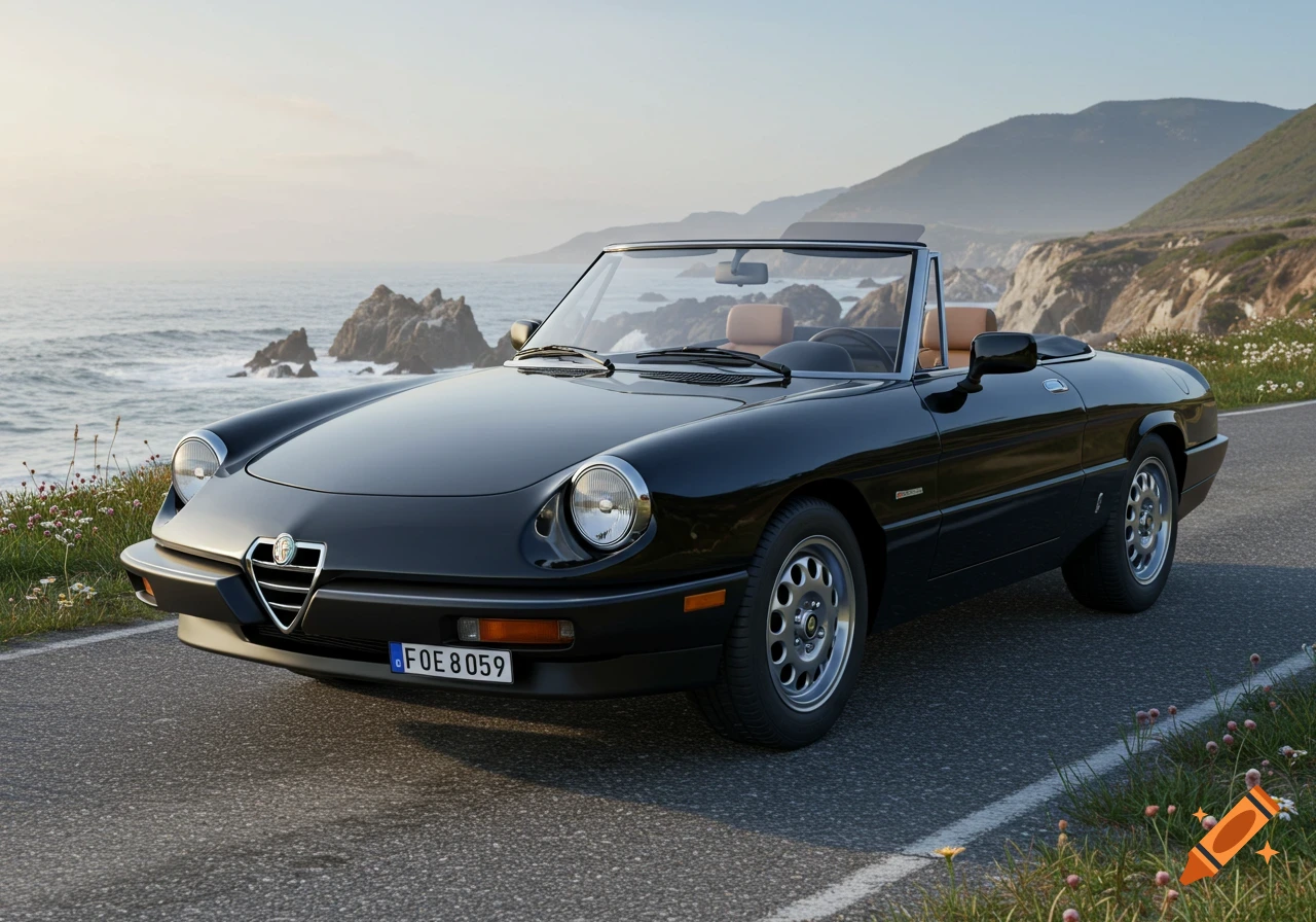 A black 1986 Alfa Romeo Spider Veloce convertible parked on a coastal road overlooking the ocean and mountains at dusk.
