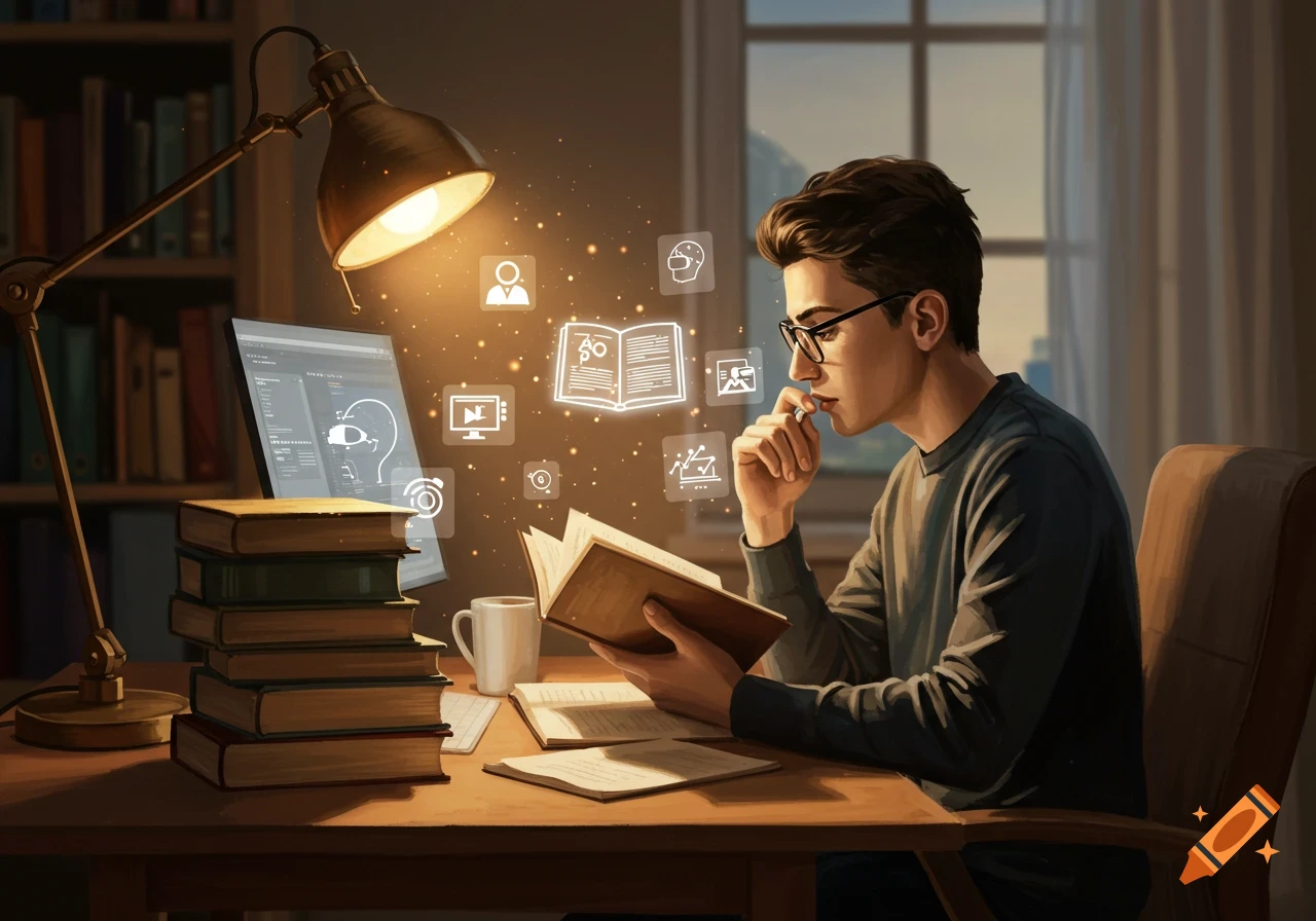 Young man reading a book at a desk with a computer and glowing digital learning icons, representing curiosity and constant learning.